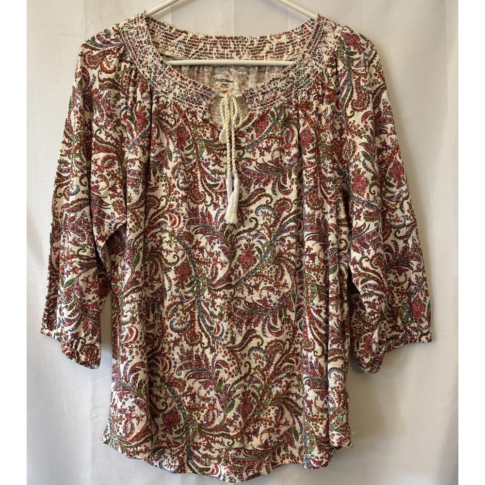 Ruff Hewn Paisley Boho Peasant Blouse Tassels PLX Elastic Boat Neck 3/4 Sleeves